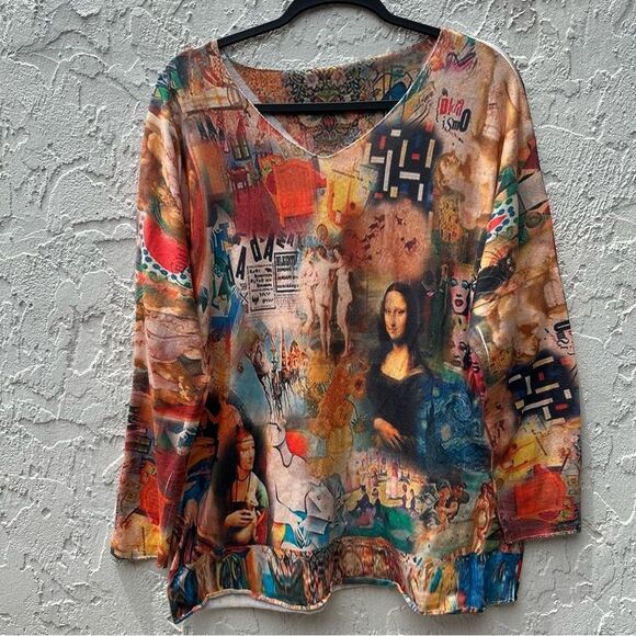 MADE IN ITALY Top Women 8 Artsy Art To Wear Avant Garde All Over Print Mona Lisa - Picture 1 of 9